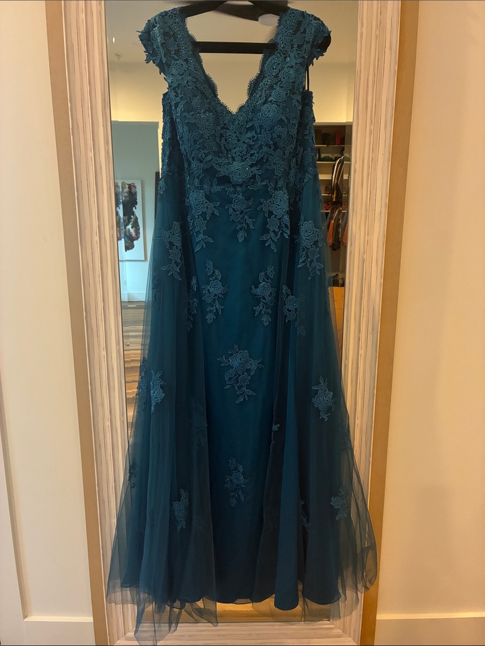 La Femme Teal Lace Appliqué Tulle Gown Size 18